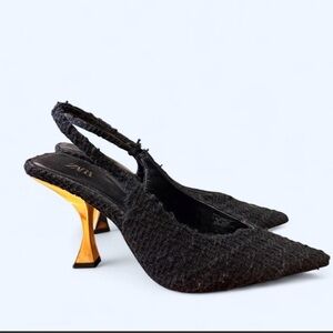 Black Slingback Pointed Toe Heels with Gold Heel